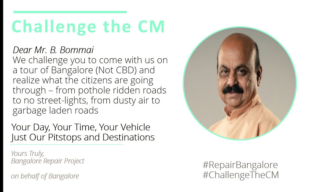 BangaloreRepair's tweet photo. Dear @BSBommai @CMofKarnataka Sir, we realise that its difficult to take out time from your busy schedule. But we challenge/request you to come with us on a tour of Bangalore and see what Bangalore is going through
Your Day, Your Time
#RepairBangalore
#ChallengeTheCM https://t.co/dUULRXyhSO