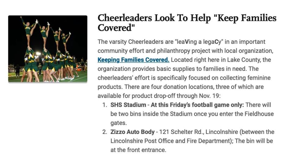 JennQBrendan's tweet photo. Support @StevensonCheer help @keepingcovered
fight #periodpoverty Donate new, closed boxes of tampons & pads in the marked collection boxes @stevensonhs
Friday, 10/22, at @SHSPatRiot @SHSpatFB game and addl donation locations through Nov. 19 ๐๐
#ShareSHS #LakeCountyIL https://t.co/4GthLT0s4X