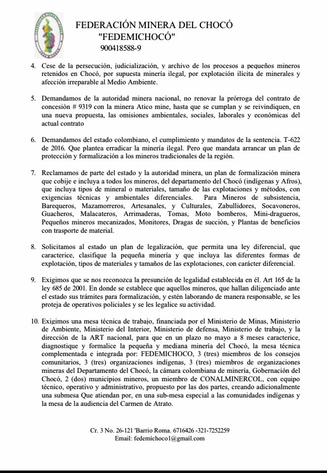 fedemichoco's tweet photo. Pliego de peticiones del #ParoMinero en el Chocó por la implementación del Acuerdo de Paz del Capítulo Étnico y la defensa del trabajo digno de los pequeños mineros del departamento @WRadioColombia @VickyDavilaH  @EmilioJArchila @MJDuzan @ieanpe @PGN_COL @JorgeGomezG_ @CENPAZ_ https://t.co/QsSMae1GWQ