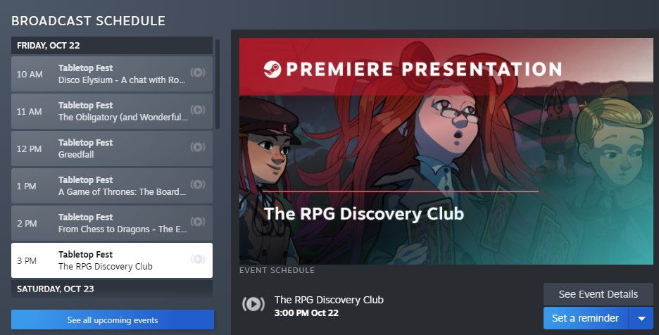 Folks, we are 50% off for the Steam Tabletop Fest, going on right now! And, wow, will you look at this great banner for the RPG Discovery Club they're doing in 2 hours? This is great! Check us out: store.steampowered.com/app/917840/Win…