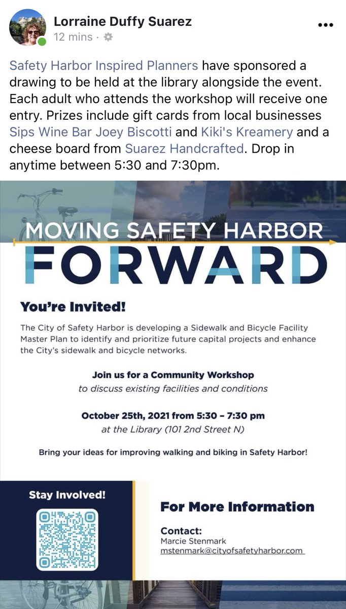 SHIP is upping the ante! Stop by the Oct 25 community workshop to share your observations + ideas about the walking + biking environment in #SafetyHarbor. Grab a SHIP ticket (free) and you might walk away with 1 of 4 $25 gift cards or a Suarez Handcrafted cheese board. #LetsPlan