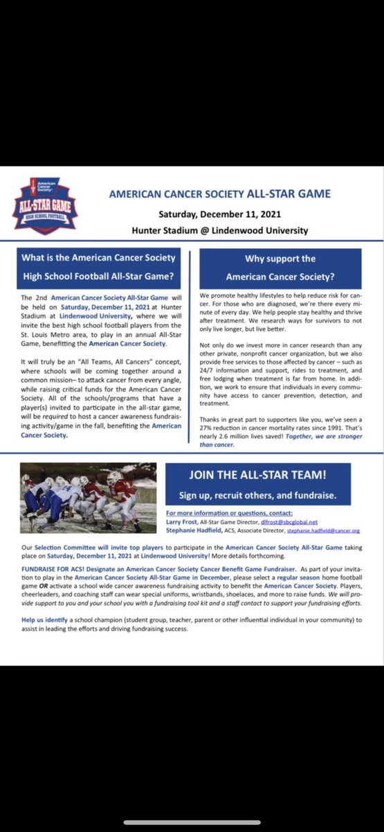 SamStoff5's tweet photo. I am very thankful to be selected by @asc_missouri to play in the ACS All-Star Game representing @NWLIONSFOOTBALL , I am honored to play with other amazing athletes to beat cancer . https://t.co/au99zeQU9D