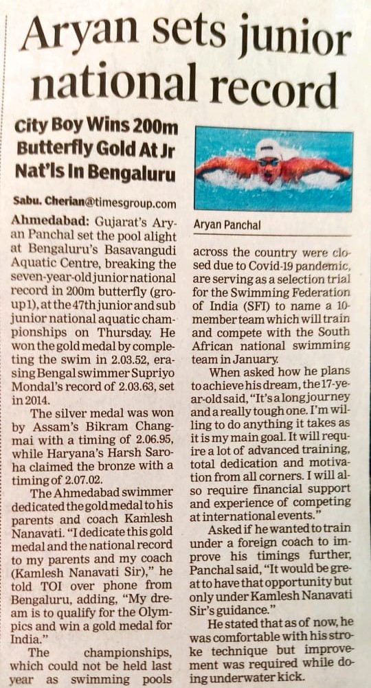 SAI_Gandhinagar's tweet photo. #mediawatch #TOInews
Gujarat's Aryan Panchal clenched GOLD🥇in 200m Butterfly 🏊♂️ at the 47th Junior National Aquatic Championships. He has set New Jr Nationals record by completing the swim in 2.03.52
@IndiaSports @Media_SAI @swimmingfedera1
@AryanPa65545741 https://t.co/sMAeGXnGTG
