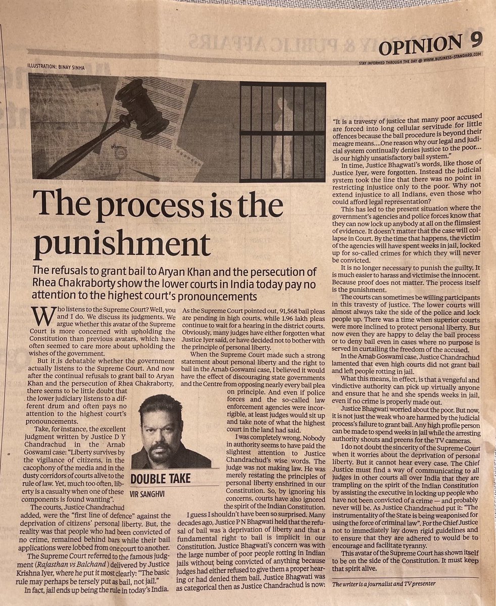 virsanghvi's tweet photo. It is now clear that the agencies can lock up anyone they want to, secure in the knowledge that the lower Courts will trample over the Constitution and deny bail, regardless of the lack of proof
It’s time for the CJI to stand up for the rights of citizens

https://t.co/JqOQ8NVs0t https://t.co/TkrX9B25fk