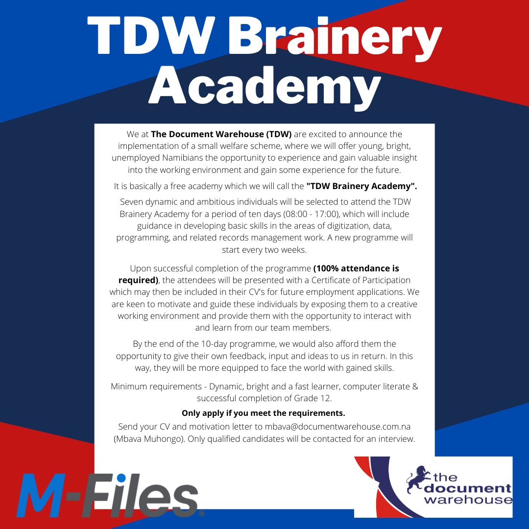 TDW_NAM's tweet photo. We, at The Document Warehouse (TDW), are excited to announce the implementation of the #TDW #Brainery #Academy...
#brainery #TDW #tdw #braineryacademy #TDWBraineryAcademy #MFiles #M_Files ##welfare #Unemployed #unemployed #Dynamic #cv #innovative #innovativeideas https://t.co/p406mb5qs6