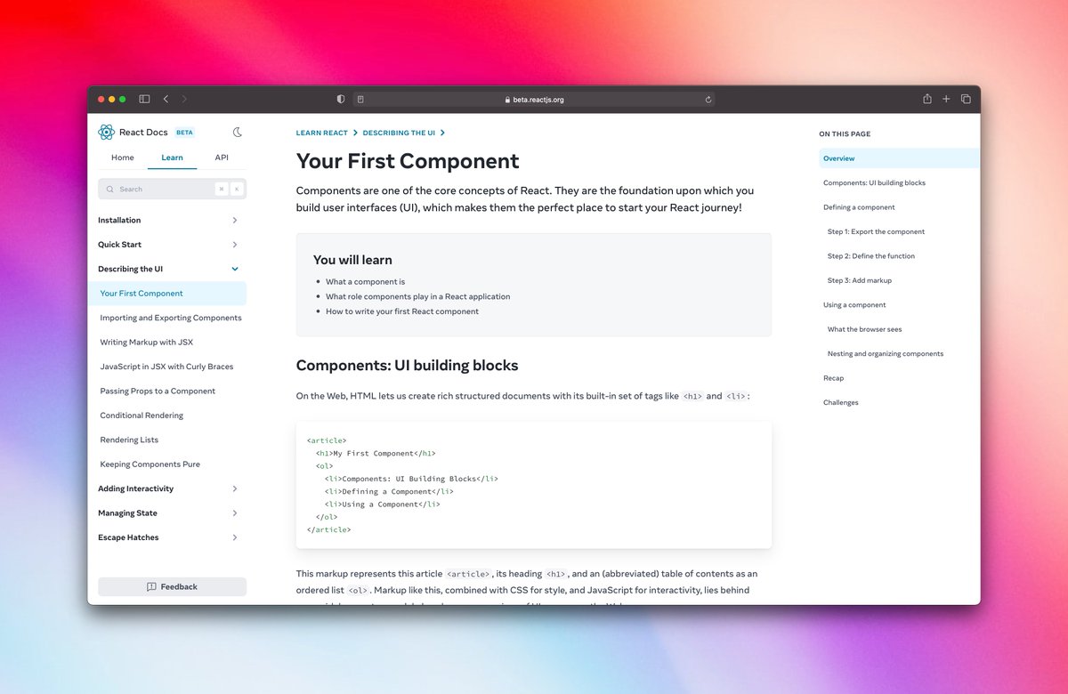 leerob's tweet image. The new React docs are out!
Well-written and practical, complete with interactive examples, diagrams, and more. Plus, they teach Hooks first.
Give them a read and provide feedback: beta.reactjs.org