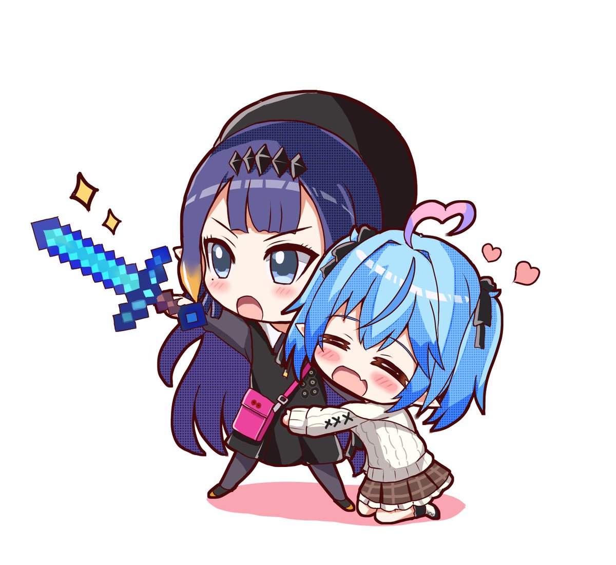 ninomae ina'nis ,yukihana lamy multiple girls 2girls weapon pointy ears sword heart blue hair  illustration images