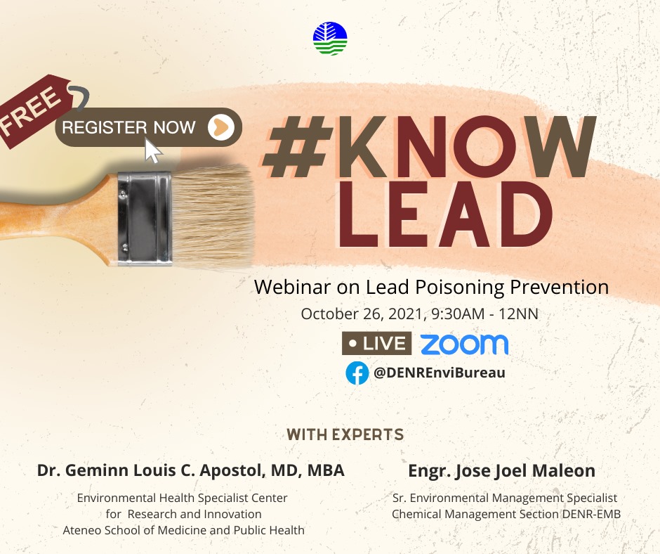 DENROfficial's tweet photo. Join us in celebrating #InternationalLeadPoisoningPreventionWeek thru #kNOwLEAD, a lead poisoning prevention webinar. 

Register here: https://t.co/cthXv1JImj

To those who won't be able to join in Zoom, you may catch @DENREnviBureau Facebook Live.

#BanLeadPaint https://t.co/4i9Nhx0kYa