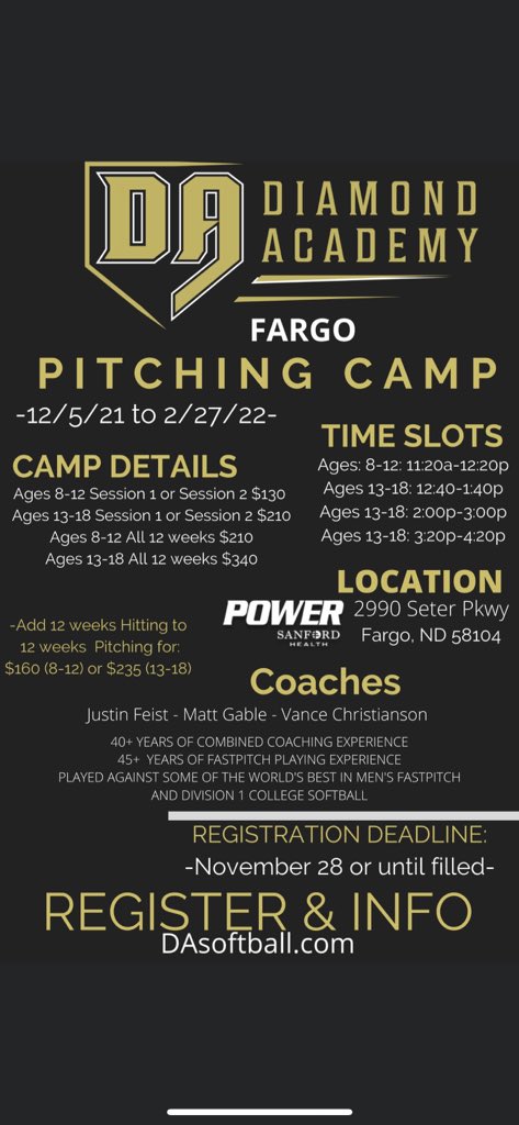 DakotaSelectsSB's tweet photo. Our Diamond Academy Winter Camp Registration will be LIVE 10/22/2021 at 12:00pm CT. Register early to try and secure your preferred time slot. 
**We now have a NEW website https://t.co/RVBRmrb3DC ** https://t.co/BXbkqSUIOA
