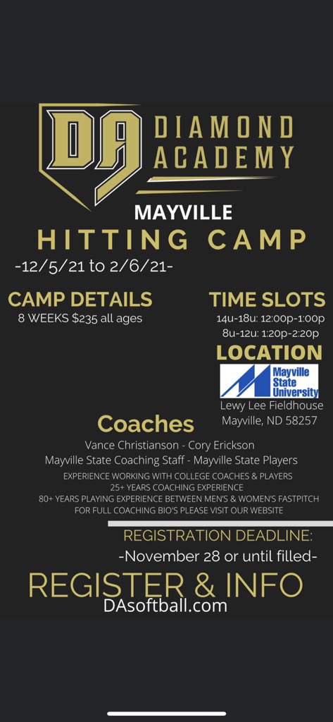 DakotaSelectsSB's tweet photo. Our Diamond Academy Winter Camp Registration will be LIVE 10/22/2021 at 12:00pm CT. Register early to try and secure your preferred time slot. 
**We now have a NEW website https://t.co/RVBRmrb3DC ** https://t.co/BXbkqSUIOA