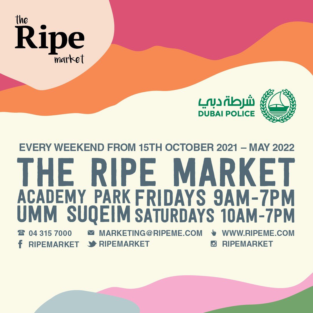 ripemarket's tweet photo. Visit us ⭐️
Outdoor Markets 🌴
📍 Ripe By The Bay, Dubai Festival City Mall | Open Daily (4pm-10pm)
📍 Academy Park | Fri (9am-7pm) Sat (10am-7pm)
Indoor Markets 🎈
📍Springs Souk | Fri 10am-LATE
#ripemarket #dubaimarket #outdoormarket #indoormarket #dubaiweekend #dubaisme https://t.co/KGQHJnjICs