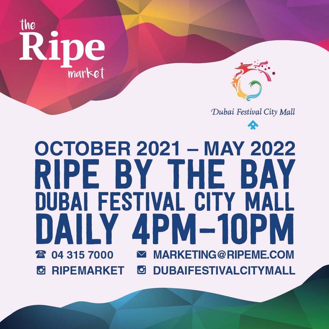 ripemarket's tweet photo. Visit us ⭐️
Outdoor Markets 🌴
📍 Ripe By The Bay, Dubai Festival City Mall | Open Daily (4pm-10pm)
📍 Academy Park | Fri (9am-7pm) Sat (10am-7pm)
Indoor Markets 🎈
📍Springs Souk | Fri 10am-LATE
#ripemarket #dubaimarket #outdoormarket #indoormarket #dubaiweekend #dubaisme https://t.co/KGQHJnjICs