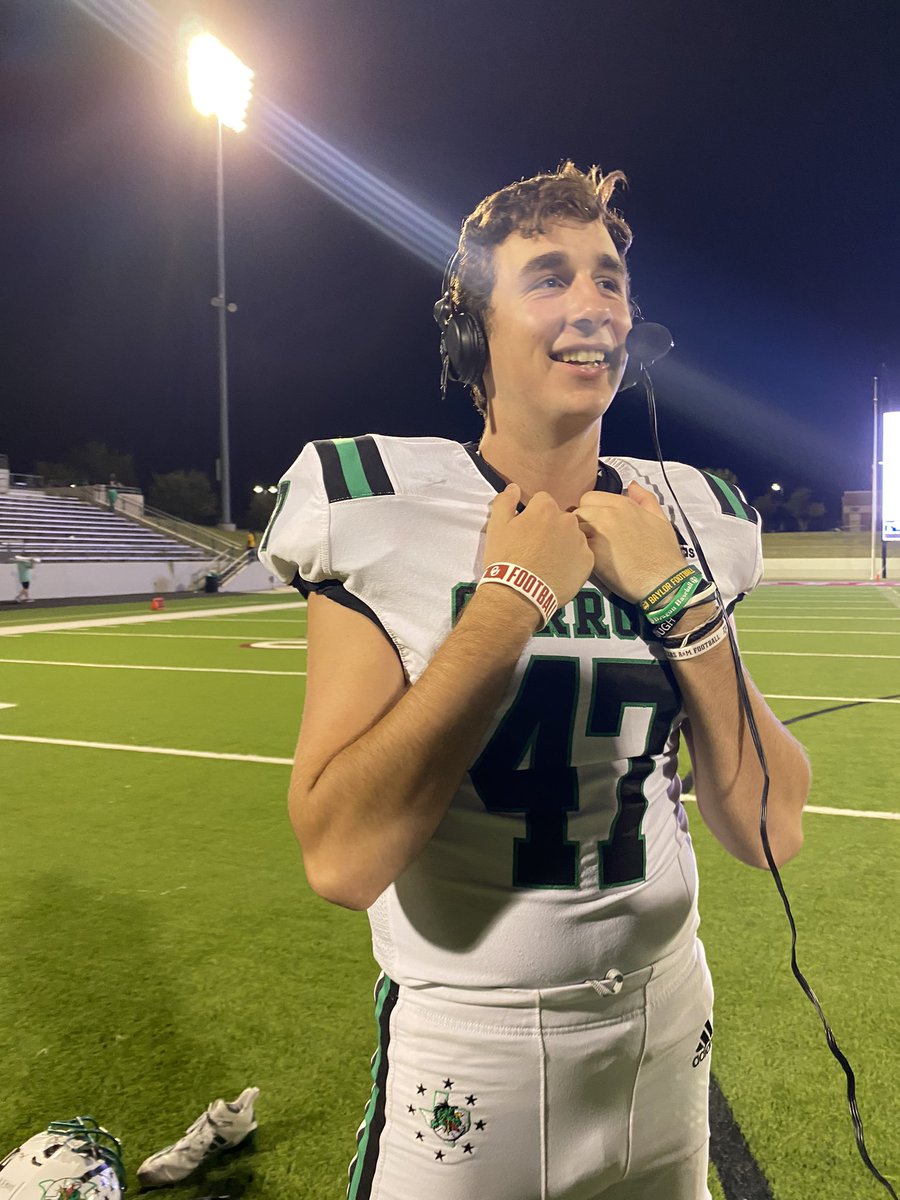 MetroSportsDFW's tweet photo. 🌟 Players of the Game 🌟

@tylerwhite2023 with the school record 55 yard field goal!!! (He kicked it in his back up shoe that was a half size too small) 

And @Max_Reyes3 who had a diving interception tonight!!! 

Congrats guys!! 

#NoFear #ProtectTheTradition https://t.co/m3Pf9oBzNN