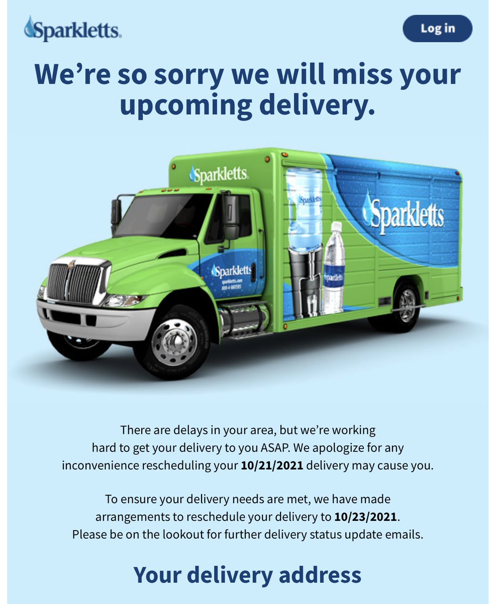 code_and_cider's tweet photo. @DrinkSparkletts I wouldn't know how refreshing your water is; this is the second missed delivery, last time it was rescheduled, it was also missed. Over 1 month of missed deliveries. Awful. https://t.co/4HTUktTCwQ