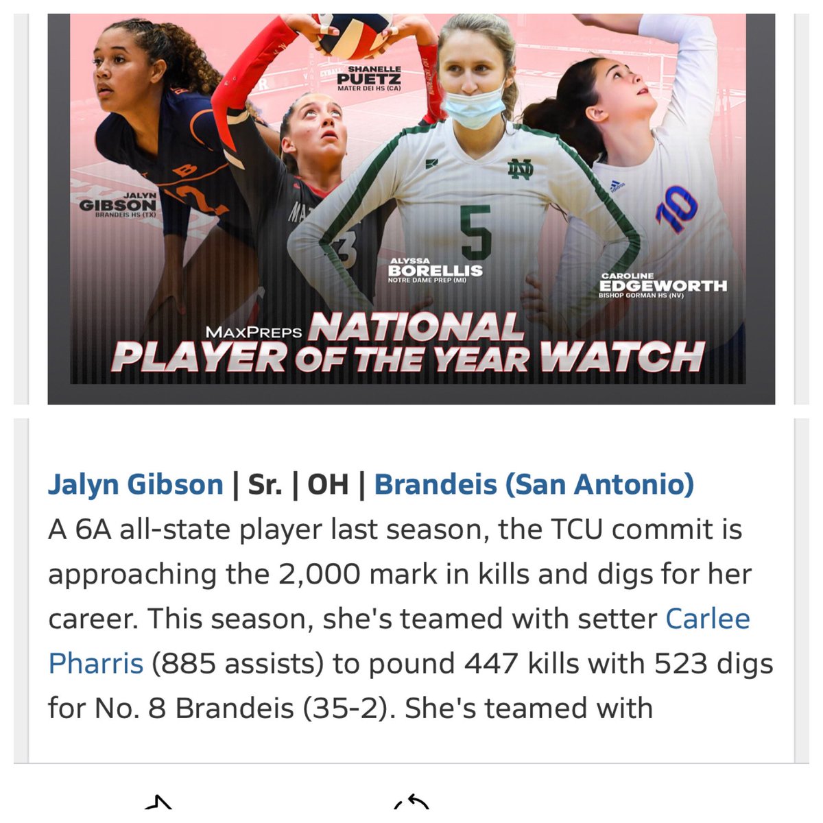 BrandeisVB08's tweet photo. Sr. Jalyn Gibson is recognized by @MaxPreps on the TOP 15 National Player of the Year Watch list!! We are so proud of you @GibsonJalyn ! #notdoneyet #keepkillinit #BIGgoals #112021 @geriberger08 @CBruce07197764 @BroncosBrandeis @TCUvolleyball @KeriHal08500139 https://t.co/hlNteWGuER