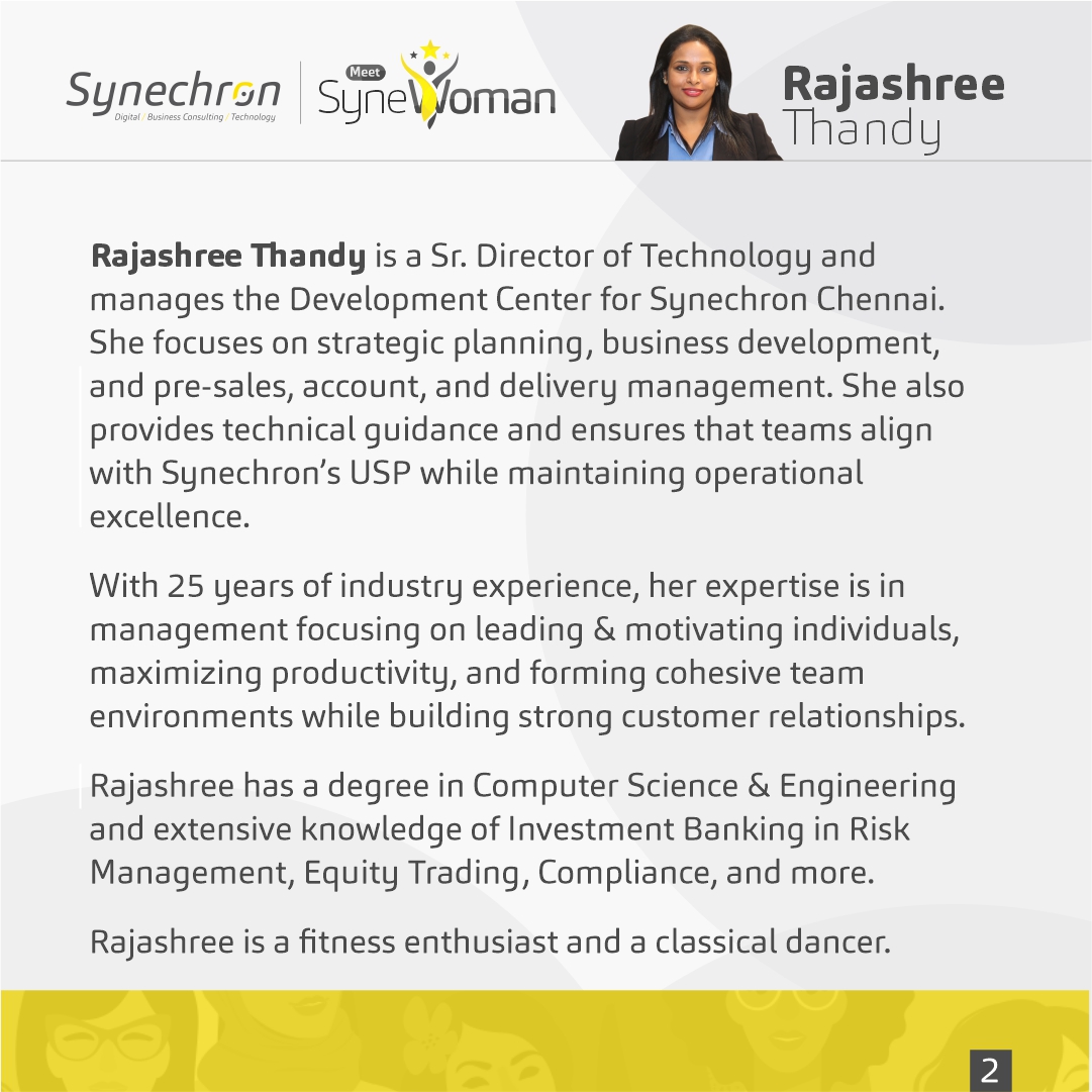 Synechron's tweet photo. Meet Rajashree Thandy, Sr. Director—Technology in Chennai, India. She is our latest #SyneWoman being spotlighted. By day, she is a management professional and investment banking whiz. But did you know she is also a classical dancer? Get to know more about her: https://t.co/Ok3whrXehw