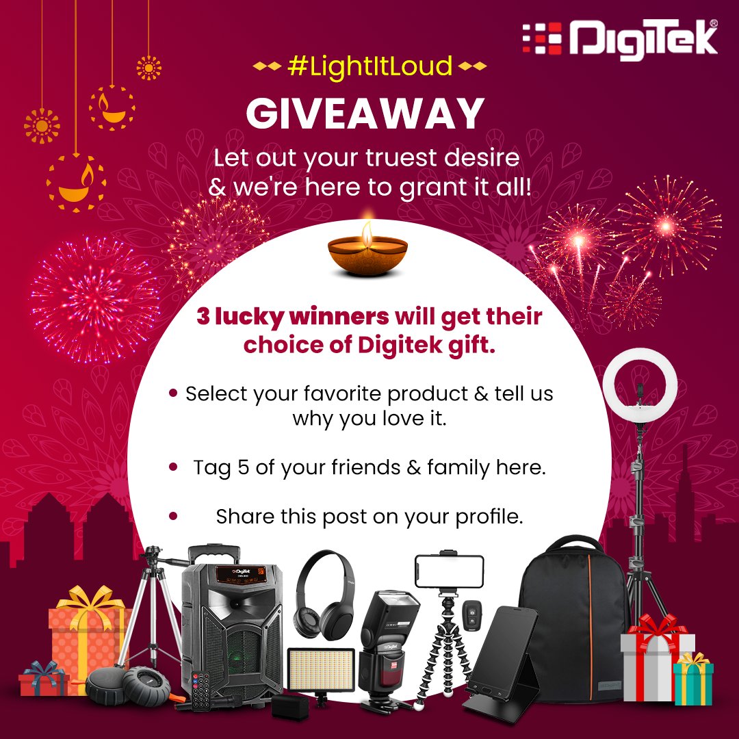 DigitekOfficial's tweet photo. #giveawayalert 
We present a special #LightItLoud giveaway for you to win Digitek products of your choice. Tell us about your favorite product &amp; follow simple steps.
#contest #giveaway #giveawayindia #giveawaycontest #contestindia #indiacontest #contestalert #contestalertindia https://t.co/UUt7TuKZ1N
