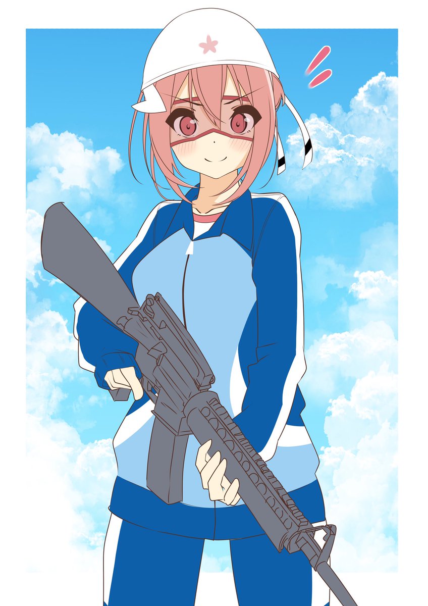 1girl solo gun weapon smile holding jacket  illustration images