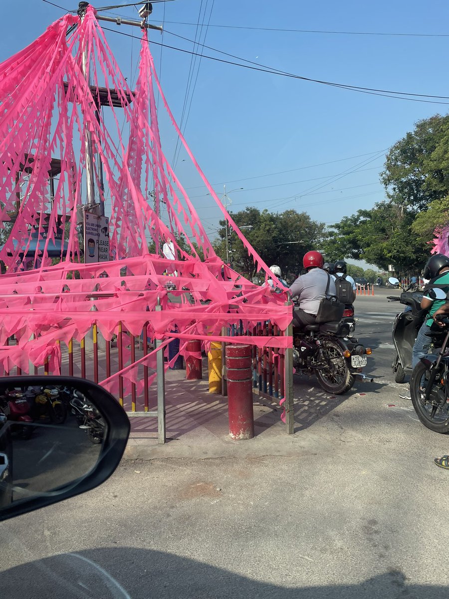 mvtkmohan's tweet photo. @KTRTRS Dear Sir, please instruct everyone NOT to block Zebra crossings! This is the scene at KBR Park Zebra crossing triangle, blocked by a political party. 3 days on….and no one has bothered to remove them. Pic taken today morning. https://t.co/TxIlGHecbU
