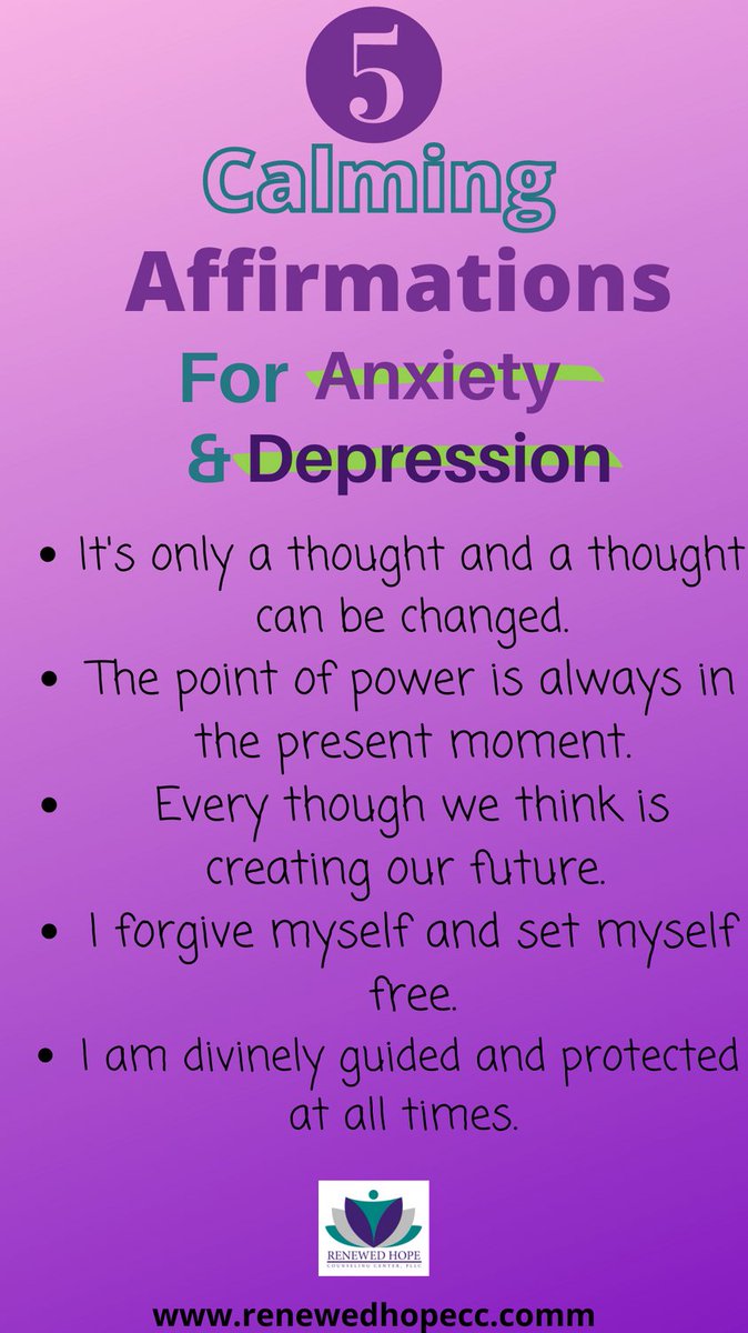 KatrinaLPC22's tweet photo. 5 Calming #affirmations for #anxiety &amp; #depression

#therapy #telehealth #thought #forgive #yourself https://t.co/fRp43wbS40