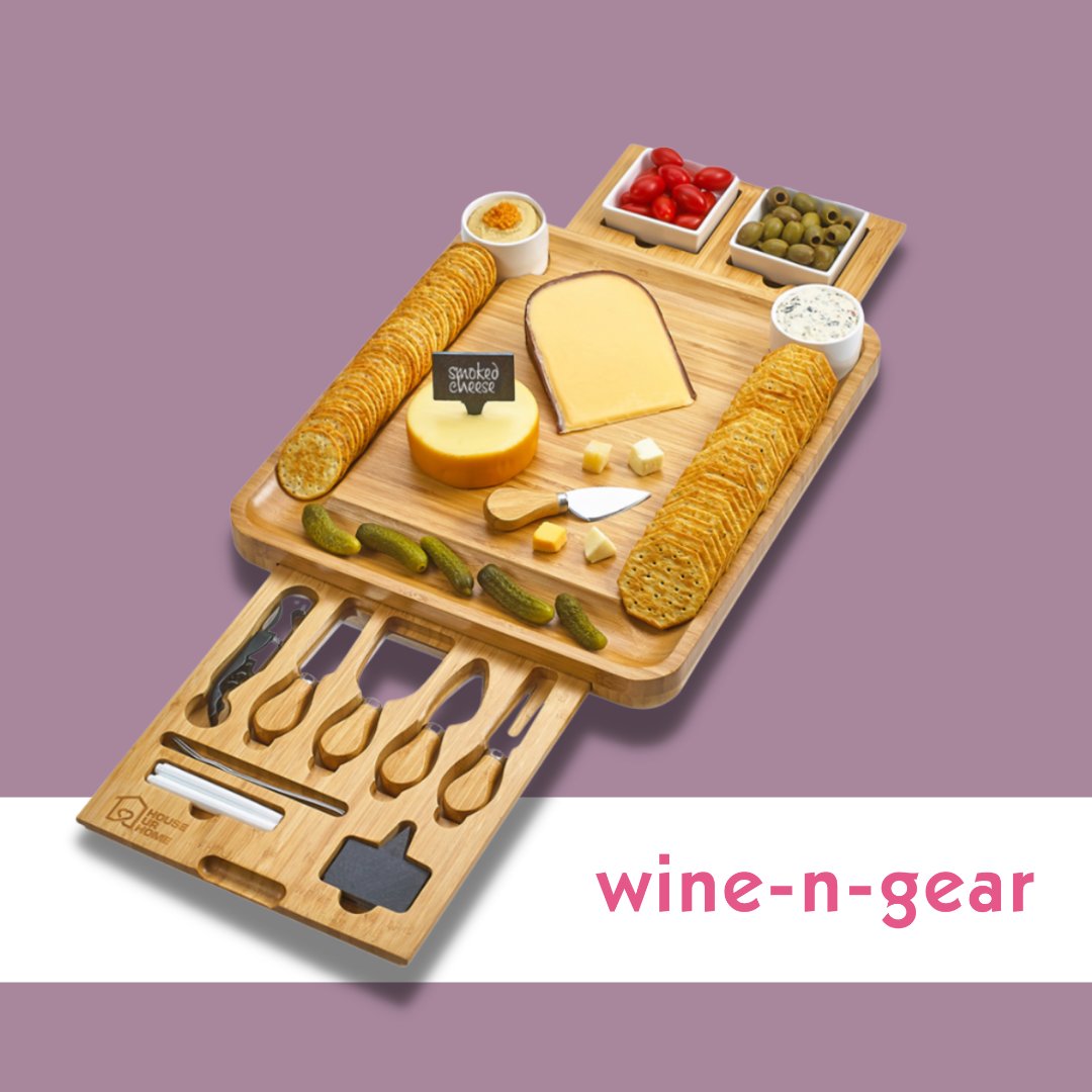 winengear's tweet photo. What's wine without cheese?🧀 Upgrade your happy hour experience with our luxury bamboo cheese board and knife set. 

Looking for something custom? We can have your logo laser engraved into the wood or customize the knives to your personalization preferences. https://t.co/Myw1wSYEEk