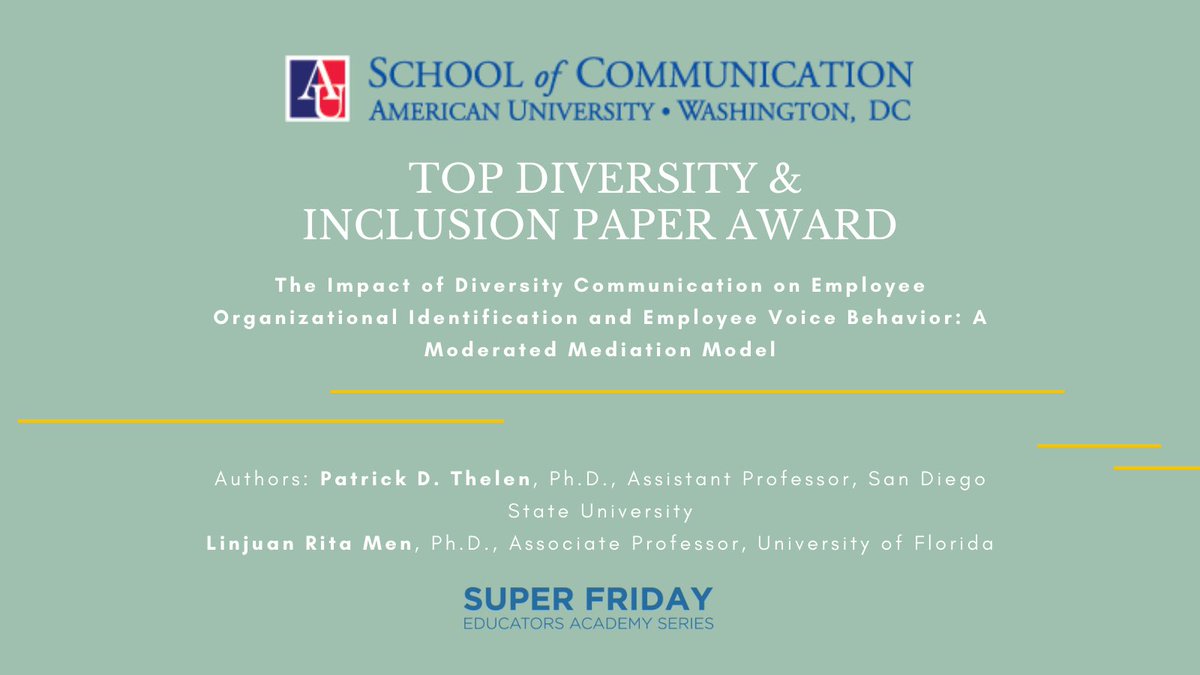 Congrats to Dr. Thelen and Dr. Men on being award Top Diversity and Inclusion Paper sponsored by <a href="/AU_SOC/">AU SOC</a>. See their presentation at Super Friday!

There is still time to register for tomorrow’s Super Friday - bit.ly/3vqWYJB

#PRSAEA #PRProfs #SuperFriday
