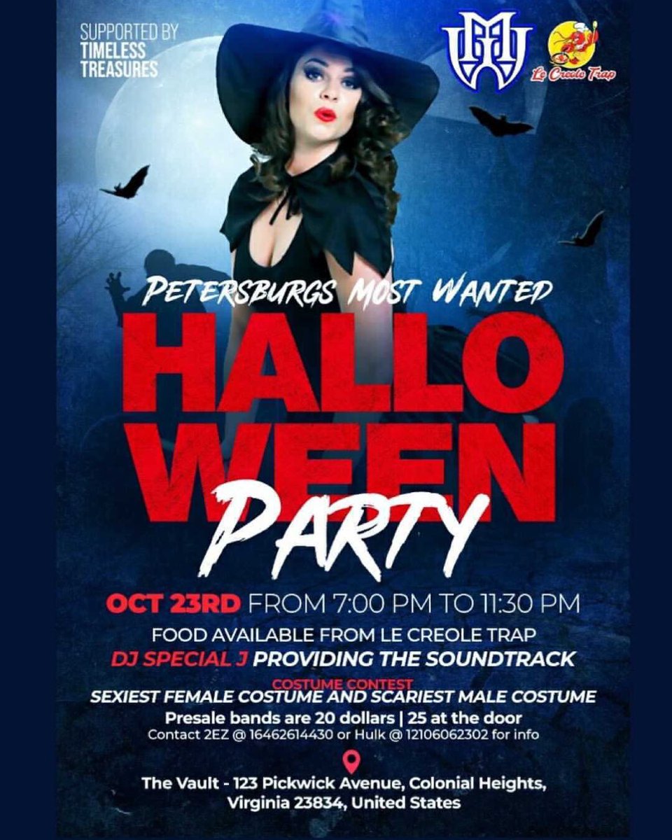 DJSpecialJ910's tweet photo. SAT 10/23 7-11:30PMEST
Petersburgs Most Wanted
#HalloweenParty
The Vault 123 Pickwick Ave
Colonial Heights,VA 23834
Food Le Creole Trap
🎶DJ Special J
Contest Sexiest Female &amp; Scariest Male Costumes
Presale bands $20|$25 Door
Ph 2EZ 1-646-261-4430
Hulk 1-210-606-2302
#rvaevents https://t.co/fI5jAZ3lFQ