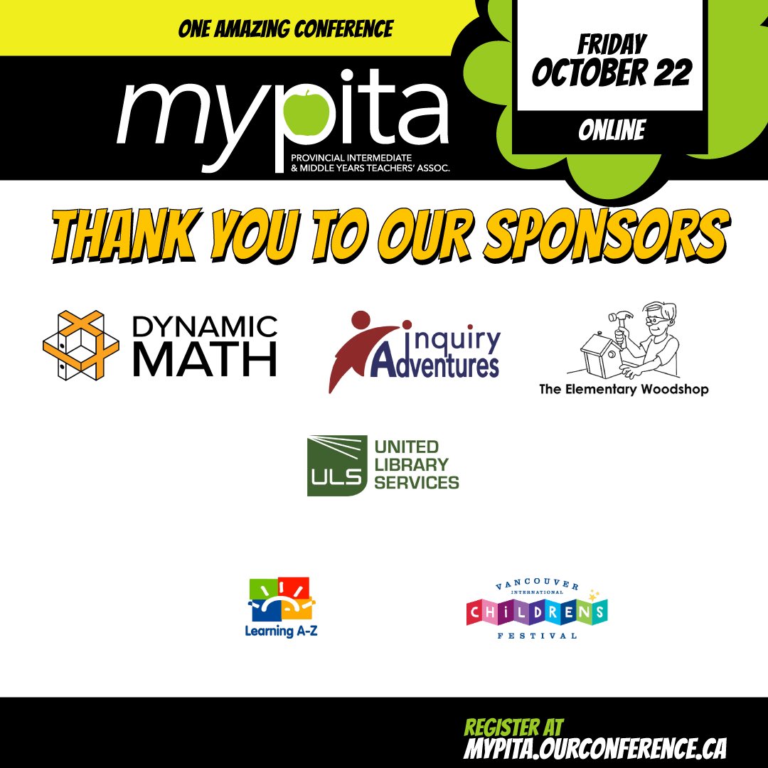 BCPITA's tweet photo. Thank you to our sponsors. Thank you to all the teachers who registered for our online virtual conference. We will see you tomorrow! #mypita2021 #psaday #bctf #virtualconference #october22 #prodday #teacherlearning https://t.co/nynxruHyYg