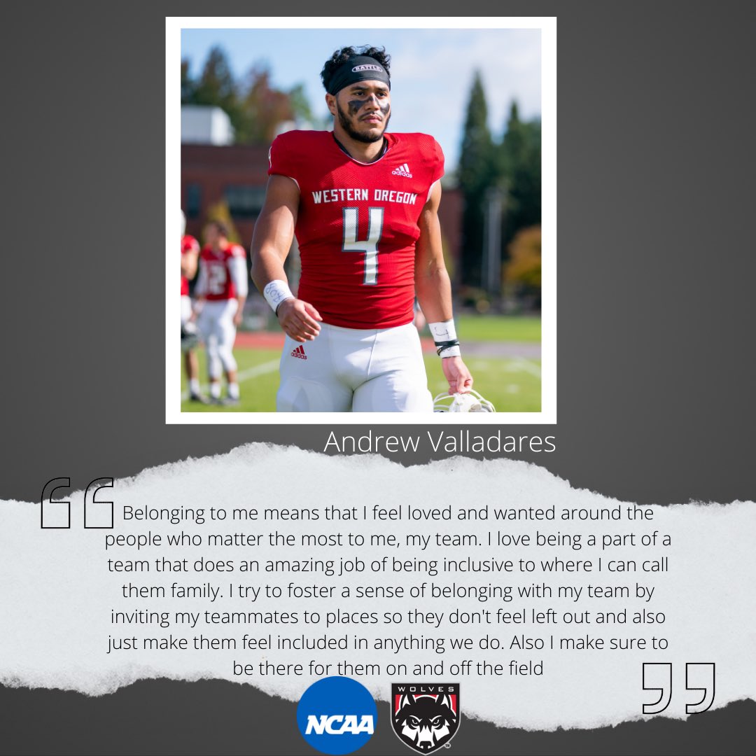 WOU_Wolves's tweet photo. Embracing diversity, equity and inclusion means we must create a space of belonging. Here is what belonging means to  football player Andrew Valladares ! 
#NCAAInclusion https://t.co/DLy35Kt57r