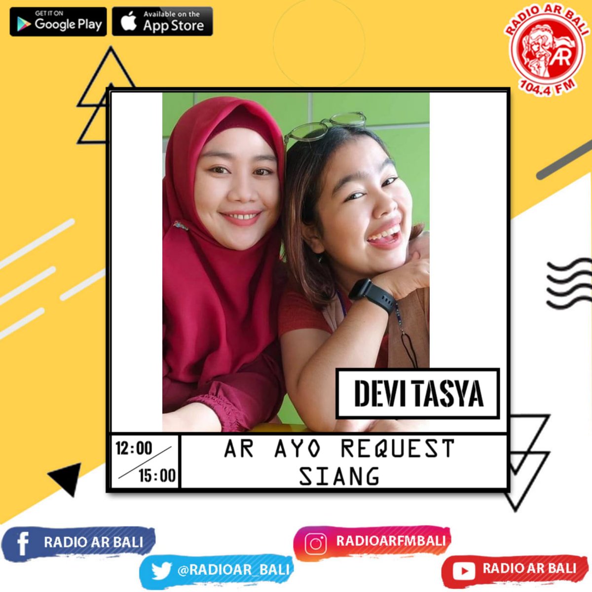 RadioAR_Bali's tweet photo. AR Ayo Request sampai jam 3 sore bareng Duo Chabiee "Devi & Tasya"
#DuoChabiee #DeviTasya
#ARAyoRequest
#Oktober #PemudaBersatu
#IndonesiaMaju https://t.co/zIvkFbjIYn