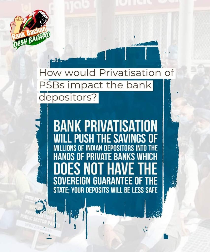 SoumyaDatta7's tweet photo. Privatisation of banks is a ruse to hand over the banks to crony corporates, who will never ensure safety of deposits of common people. Au contraire, they do not wish to repay  the monies they owe to the system.
@PMOIndia @nsitharaman @DFS_India 
#BankBachaoDeshBachao https://t.co/mdKfQHkA2A