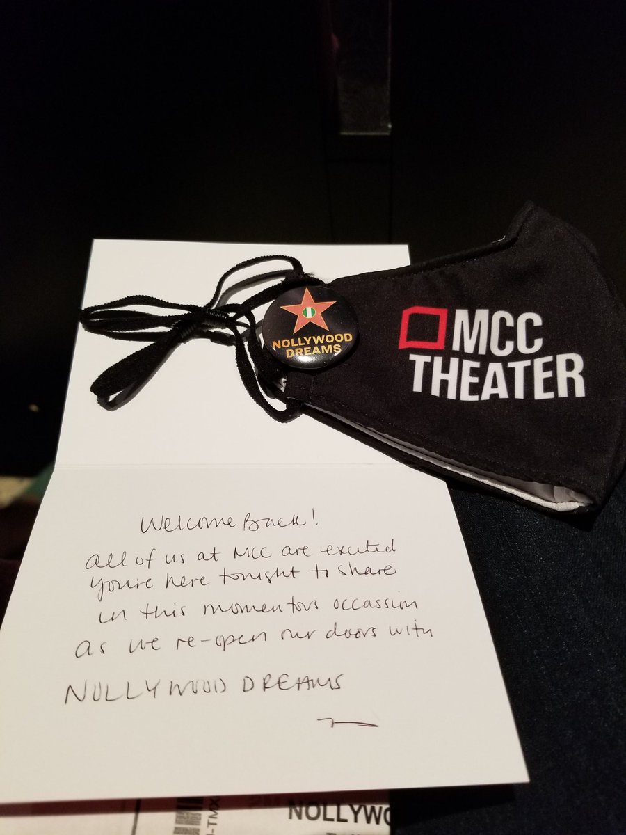 JacobMuses's tweet photo. @mcctheater reopened tonight with @Jjbioh's absolutely delightful #NollywoodDreams and it was well worth waiting an extra year and a half for. Bonus points to MCC for leaving notes and masks at each seat - a really lovely touch. Welcome back and congrats to all! https://t.co/pKbZC4hNf1