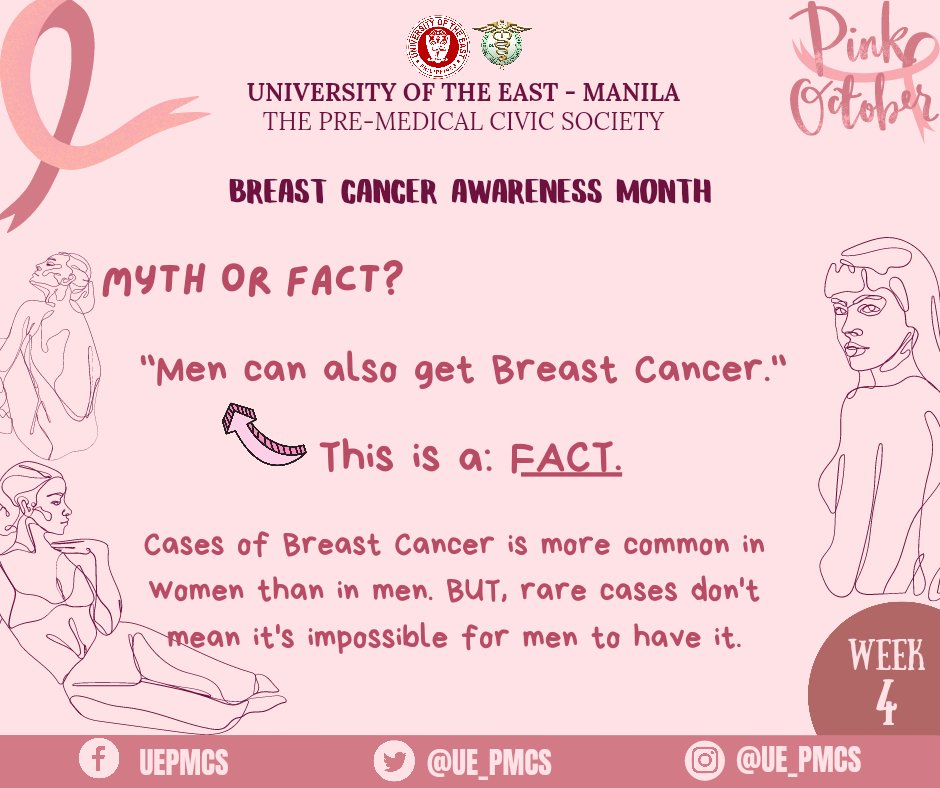 UE_PMCS's tweet photo. Fact or Bluff? π€
One of the most common misconceptions about Breast Cancer is this: ONLY women can have it. This idea is wrong! Even though it is a rare case amongst men, they can π¨π©ππ‘π‘ have it.
#BreastCancerAwareness
#UEPMCS
#HaynayanSaSilangan
#HirayaHaynayan https://t.co/rzwfas54iS