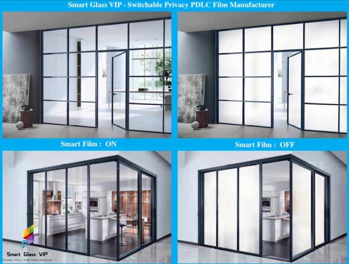 smartglassvip's tweet photo. What is Smart Glass? 
The glass is capable of switching from transparent to opaque, and everything in between, and as it does, it blocks wavelengths of light and adds a tint to the look of the windows. You can simply switch your building glass on/off to make an open/privacy space https://t.co/8IoFUYkVxh