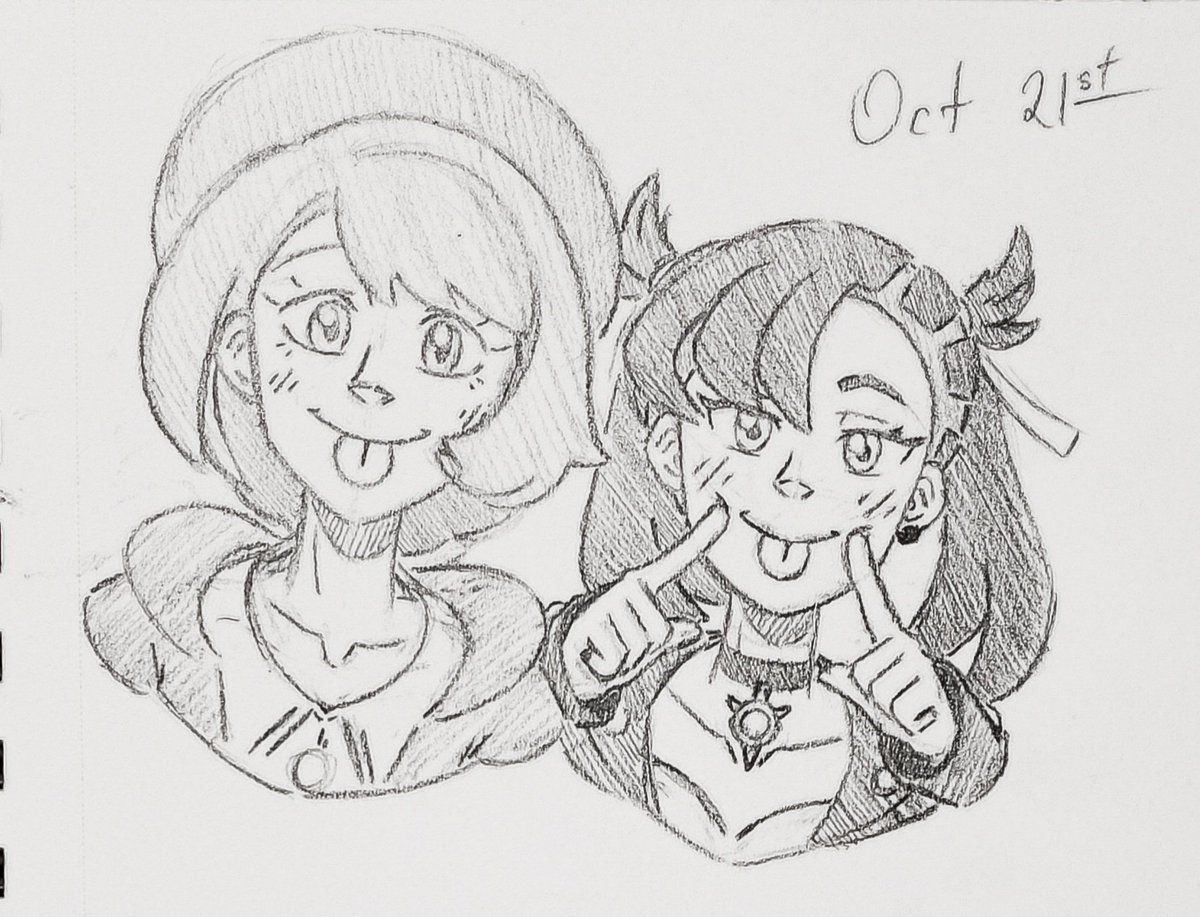Superdemyx1's tweet image. Day 21, and today&apos;s sketch came from me just playing around with some silly expressions. I feel like this must have come from Gloria insisting she needed a photo with Marnie, and Marnie wanting to match Gloria. #sketchtober2021 #pokemon #marnie #gloria #fanart
