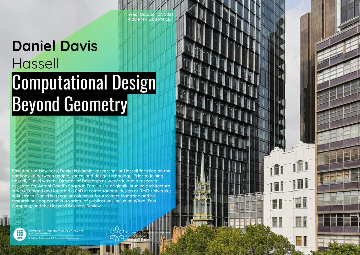 Next Wednesday 27th, we'll have the honour to meet <a href="/dr_danieldavis/">Daniel Davis</a>: Computational Design Beyond Geometry, starting the Architecture and Computation Lecture Series.