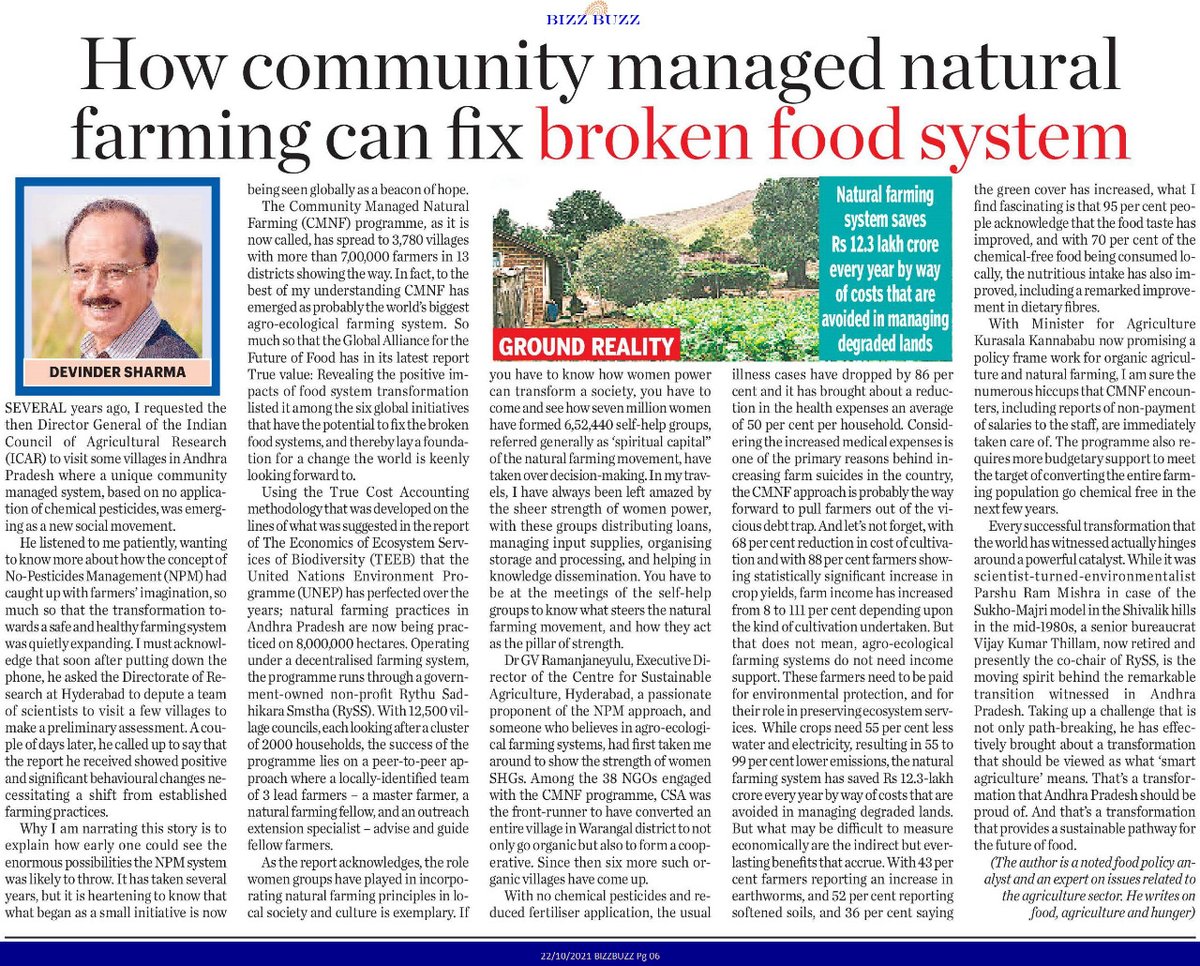 The Community Managed Natural Farming (CMNF) programme in Andhra Pradesh, India, involving 700,000 farmers, has brought about a transformation in food systems that should be seen as what 'smart agriculture' truly means. My column today. #BizzBuzz @APZBNF @icarindia