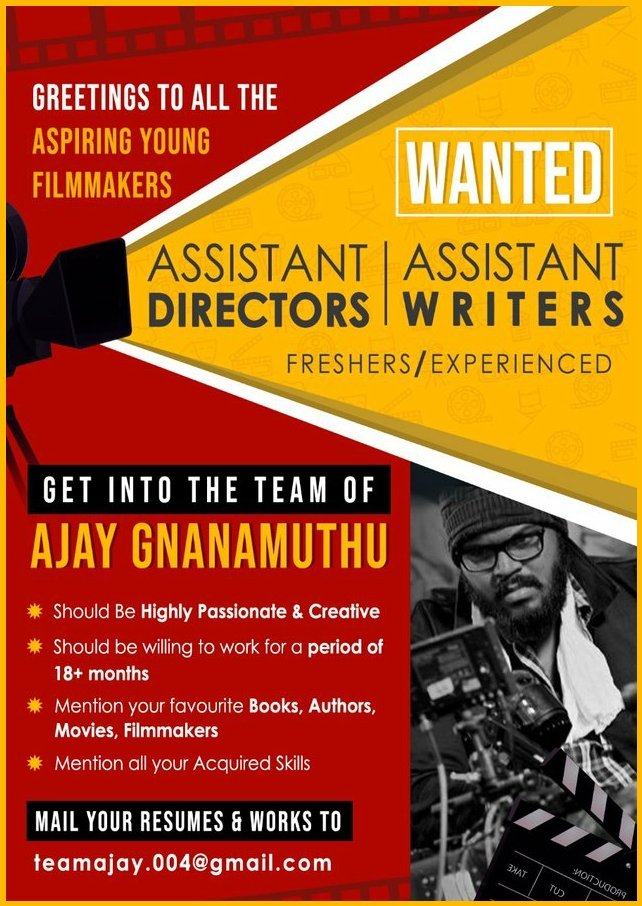 #WANTED #AssistantDirector and #AssistantWriters for #AjayGnanamuthu  
@AjayGnanamuthu brother 
from the #Director of #DemonteColony #ImaikkaNodigal #Cobra 

#Ad #AW #FeatureDirector #FeatureWriters #Directors #Writers
#Castingcall #casting #Audition #CinemaMattum