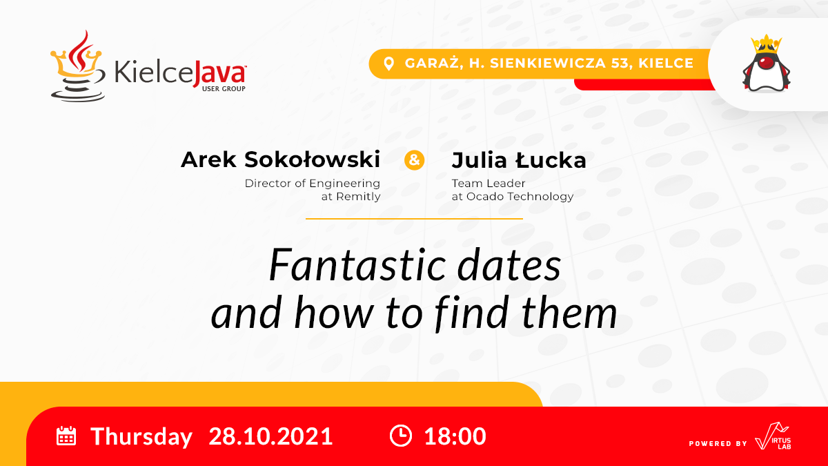 KielceJava's tweet image. KJUG is back! 💪 Zapraszamy na pierwsze po wakacyjnej przerwie spotkanie kieleckiej grupy JUG - spotkamy się stacjonarnie, żeby wysłuchać prezentacji “Fantastic dates and how to find them” Arka Sokołowskiego & Julii Łuckiej.
Szczegóły i rejestracja: meetup.com/pl-PL/Kielce-J…