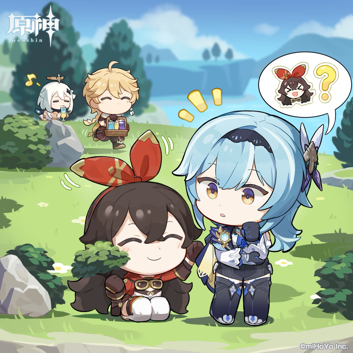 aether (genshin impact) ,amber (genshin impact) ,eula (genshin impact) ,paimon (genshin impact) multiple girls 1boy chibi blue hair blonde hair outdoors closed eyes  illustration images