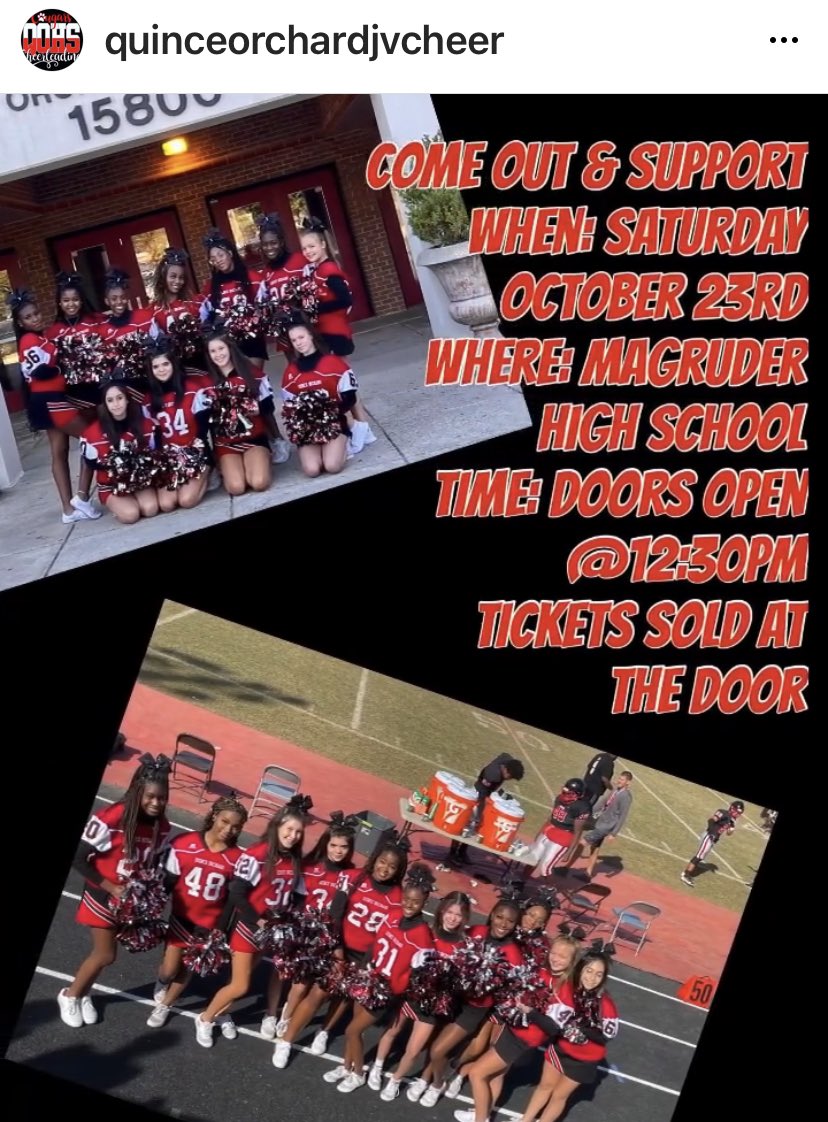 I know it’s Friday but start thinking about tomorrow! 

Sat 10/23 We have Band to States at Towson U &amp; the JV Cheer Competition at Magruder! 

Be there, be loud, and wear Red! 🙌🏻🐾❤️

Check out the info below and get to one! 👇🏻<a href="/QOBands/">Cougar Bands</a> <a href="/QOCKelly_Adams/">QO Colleen Adams</a> <a href="/CheerQo/">QOCheerCoach</a> <a href="/QOAthletics/">Quince Orchard Athletics</a>