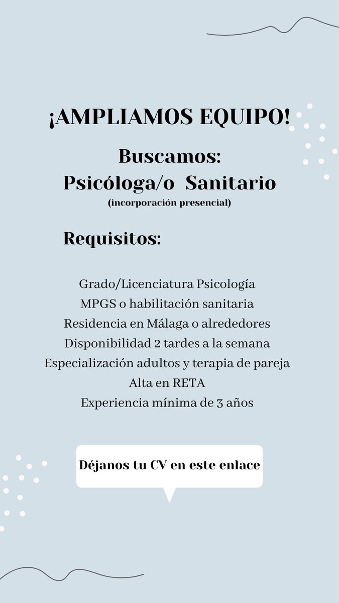 📢 BUSCAMOS PSICÓLOGO/A
#ofertapsicologos #empleopsicologos #malaga #psicologosmalaga