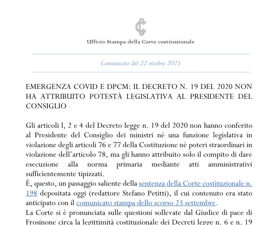 CorteCost's tweet photo. Emergenza COVID e Dpcm: il decreto n. 19 del 2020 non ha attribuito potestà legislativa al Presidente del Consiglio.

https://t.co/jk6IuA2FON

#Comunicato #Sentenza #Cortecostituzionale https://t.co/Jp0fG5pEeD