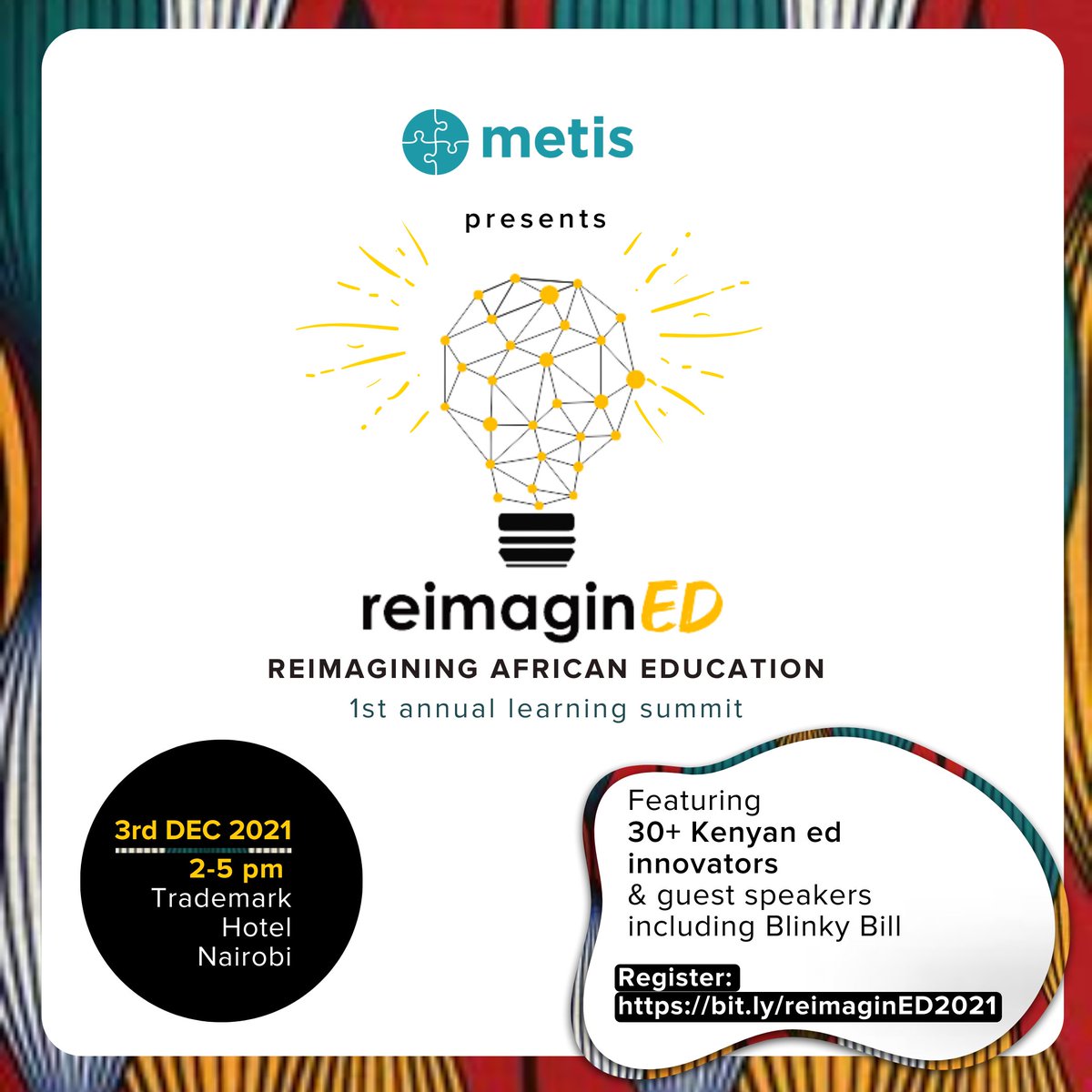 Mark your calendars! 🤓
On 3rd December, were bringing together #innovators, #entrepreneurs, #creatives, #investors, and #government stakeholders all fuelled with the drive and #inspiration to take action and #reimagine African education. 💡📚
metiscollective.org/reimagined-2021