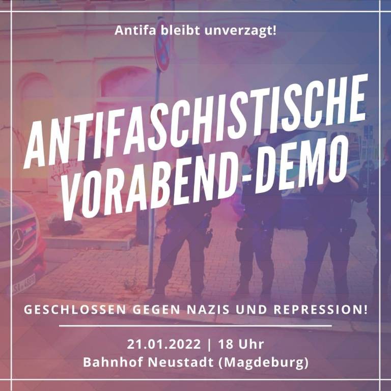 solibuendnis's tweet photo. Geschlossen gegen Nazis und Repression! 

Antifaschistische Vorabend-Demo am 21.01.22 in #Magdeburg 

#Antifaschismus
#Antirepression 
#Antifaostdeutschland https://t.co/vRBi1JHvKG