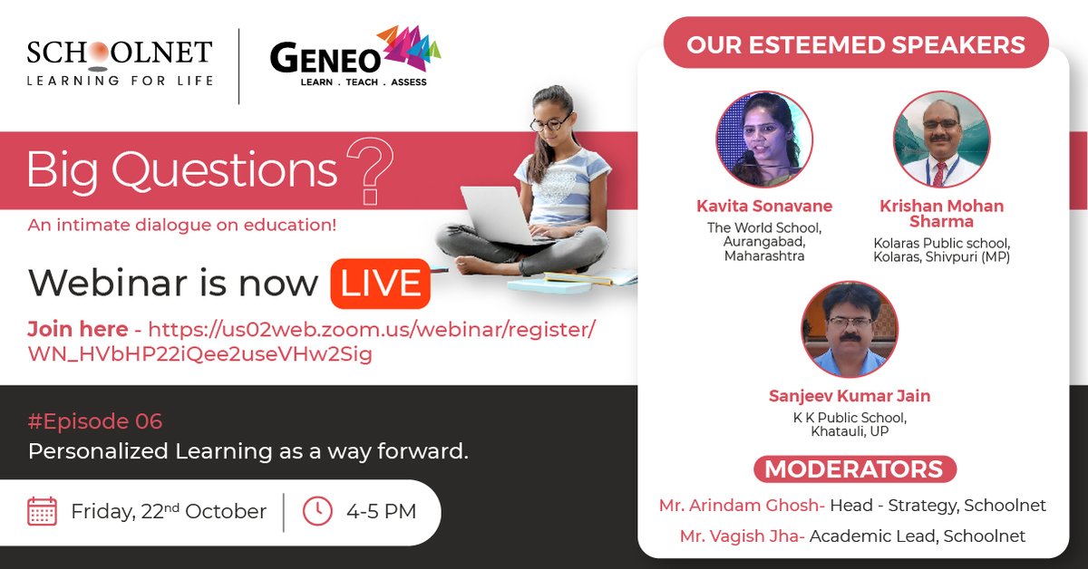 SchoolnetIndia's tweet photo. Our periodic webinar Big Questions, Episode 06 is now live.

Click here to join
https://t.co/rp7OwdAI59

#BigQuestions #SchoolnetIndia #Schoolnet #DigitalEducation #DigitalLearning #teacher #edtech #webinar https://t.co/mAVeqW8BTT