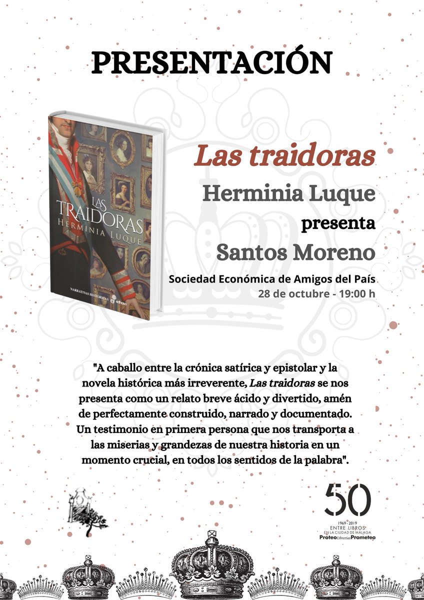 LibreriaProteo's tweet photo. El próximo jueves 28 de octubre os invitamos a la presentación de "Las traidoras" (Ed. Edhasa), de @HerminiaLuque que se celebrará en la @SEAPMalaga a las 19:00 h.
Presentará el escritor @jonatansantos
#presentación #lastraidoras #libreríaproteo #seapmálaga https://t.co/KIpjOHi2Zk