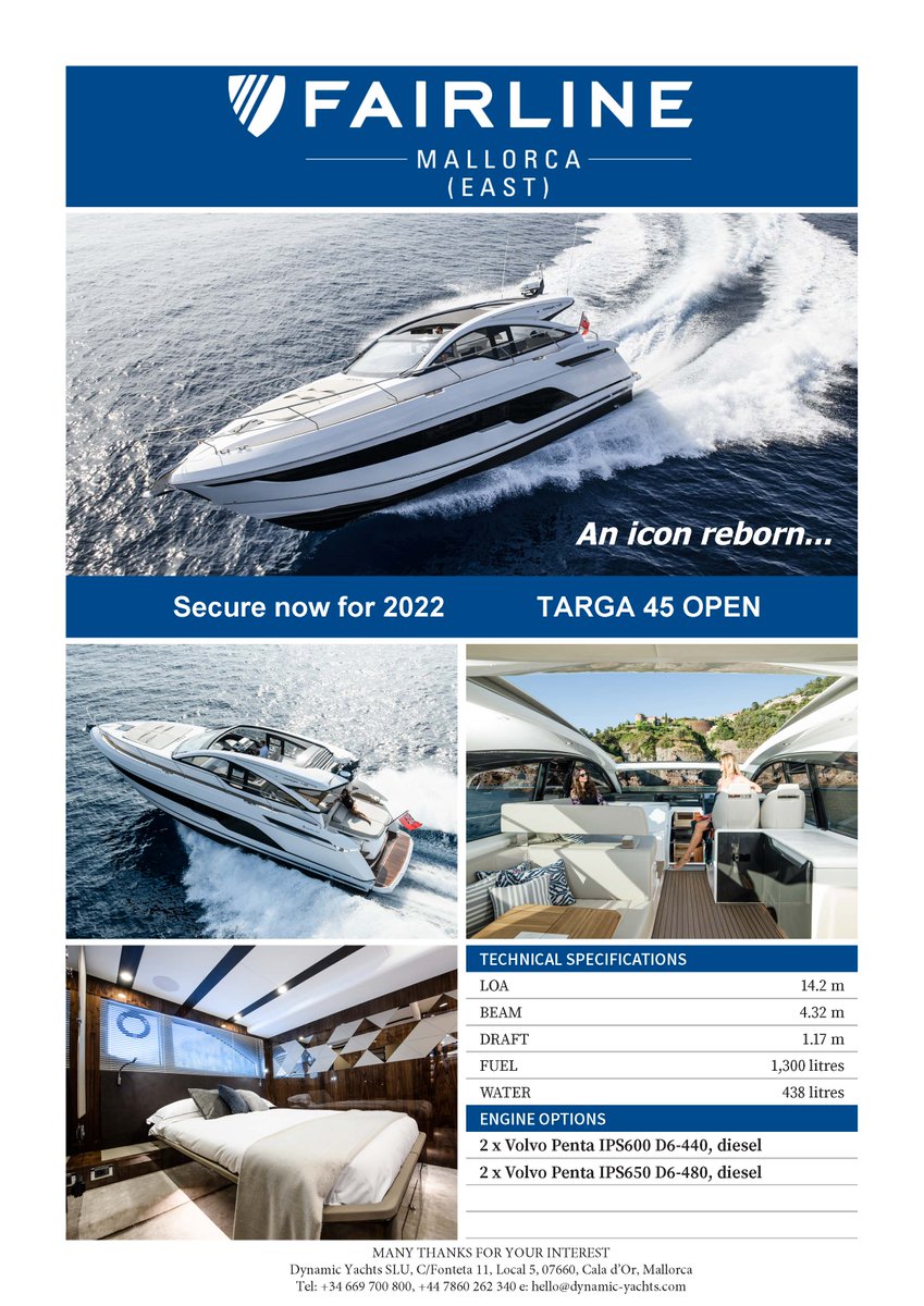 Dynamicyachts's tweet photo. This stunning new Targa 45 Open is available now to take delivery in 2022
#fairline #yacht #yachtlife #boating https://t.co/zhJnEE1Na5