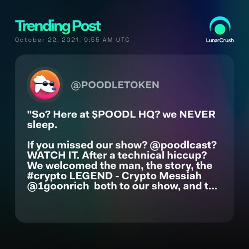 descrt's tweet photo. Trending on @LunarCrush:

"So? Here at $POODL HQ? we NEVER sleep.

If you missed our show? @poodlcast? WATCH IT. After a technical hiccup? We welcomed the man, the story, the #c..." via @POODLETOKEN

Top coin mentions
$poodl

https://t.co/Ee86geVXr1 https://t.co/JwsCTu2WfT