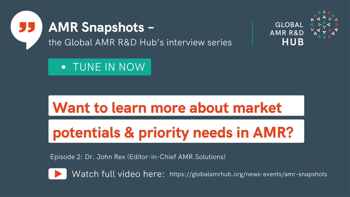 Global AMR Research & Development (R&D) Hub (@globalamrhub) on Twitter photo AMR Snapshots: Dr. John Rex.
We had a great time getting to know <a href="/JohnRex_NewAbx/">John H. Rex, MD</a> better and discussing the key results from our recent market potential study. We even ventured into the topic of phage!
Hope you enjoy watching!
👉bit.ly/3AZQm68
#AMR #incentives AMR Snapshots: Dr. John Rex.
We had a great time getting to know <a href="/JohnRex_NewAbx/">John H. Rex, MD</a> better and discussing the key results from our recent market potential study. We even ventured into the topic of phage!
Hope you enjoy watching!
👉bit.ly/3AZQm68
#AMR #incentives